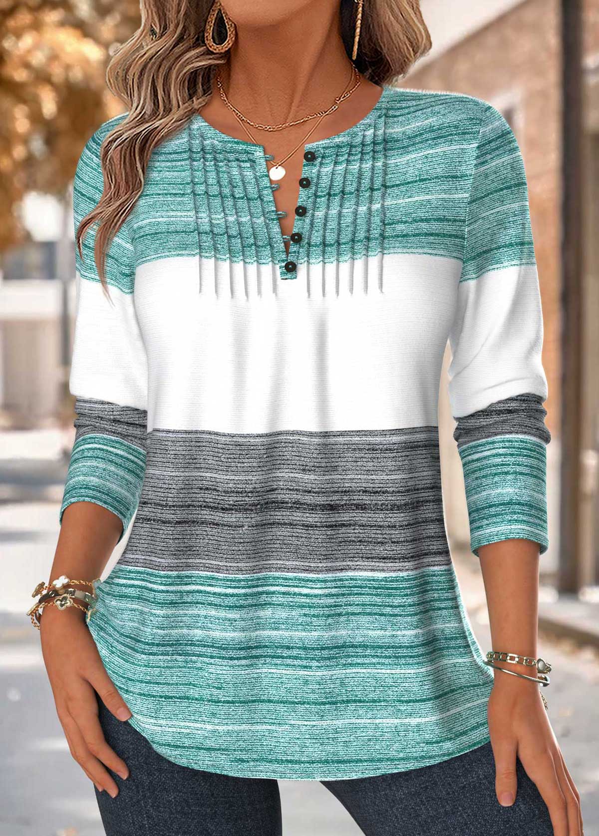 Striped Tuck Stitch Mint Green Long Sleeve T Shirt