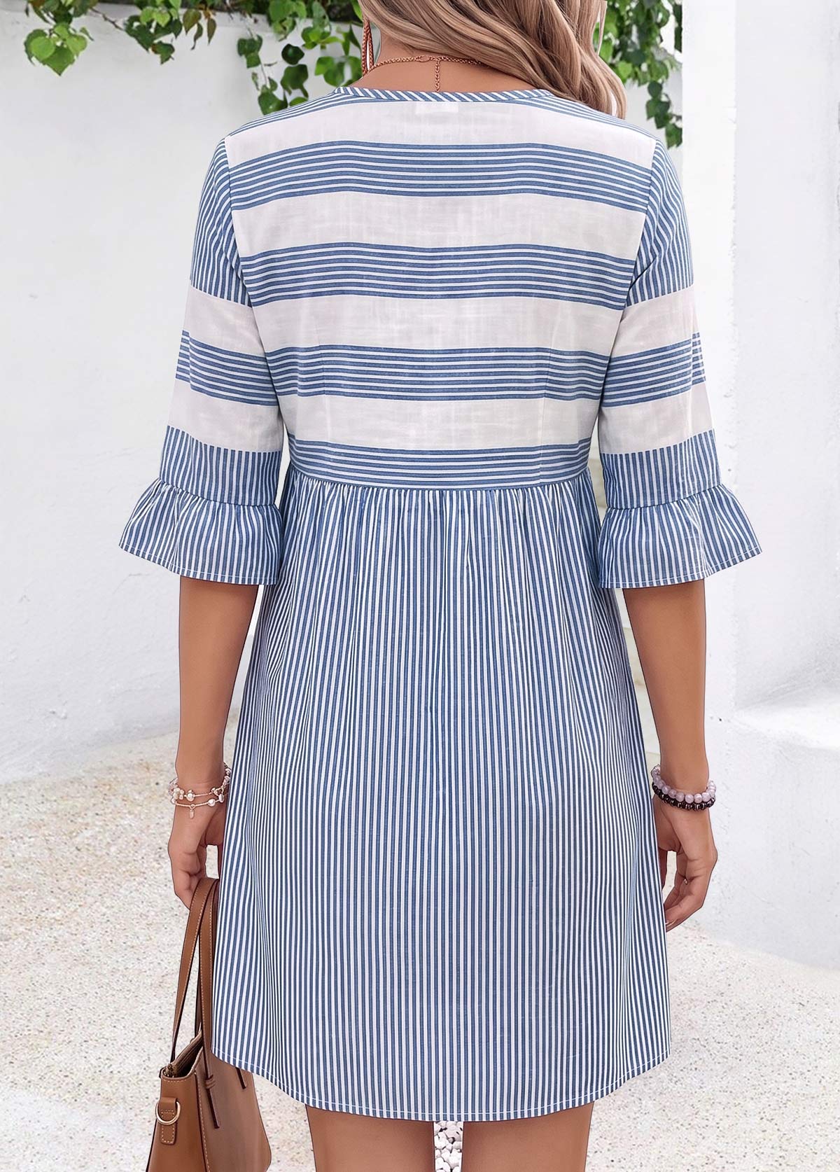 Striped Tummy Coverage Blue Short Half Sleeve Dress