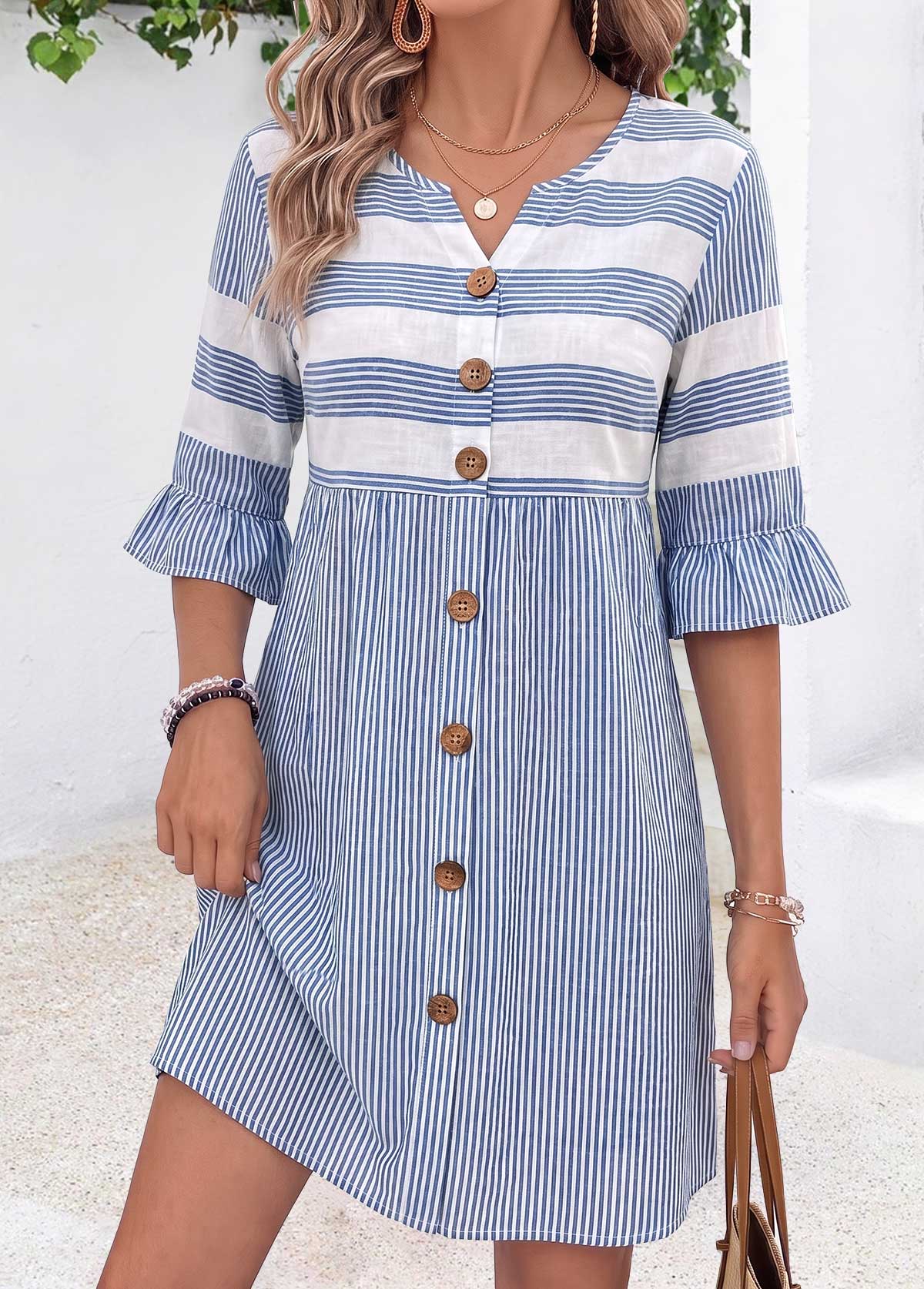Striped Tummy Coverage Blue Short Half Sleeve Dress