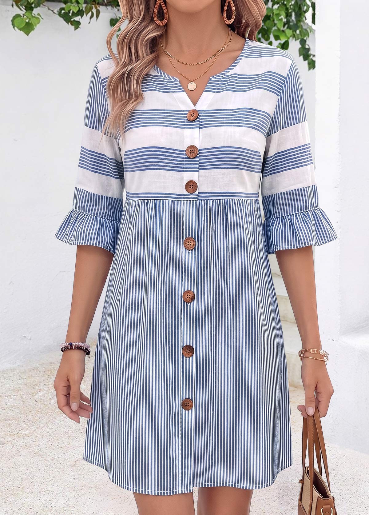 Striped Tummy Coverage Blue Short Half Sleeve Dress