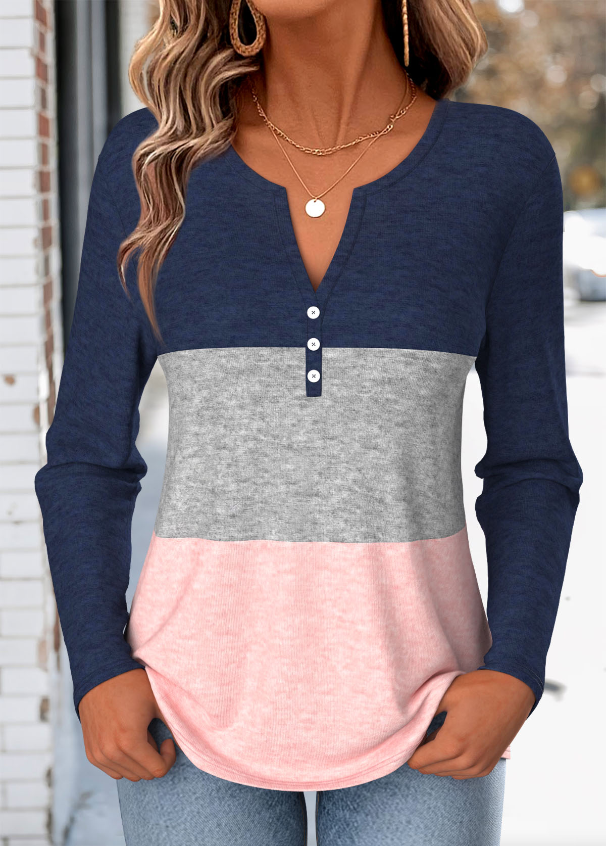 Button Multi Color Long Sleeve Split Neck T Shirt