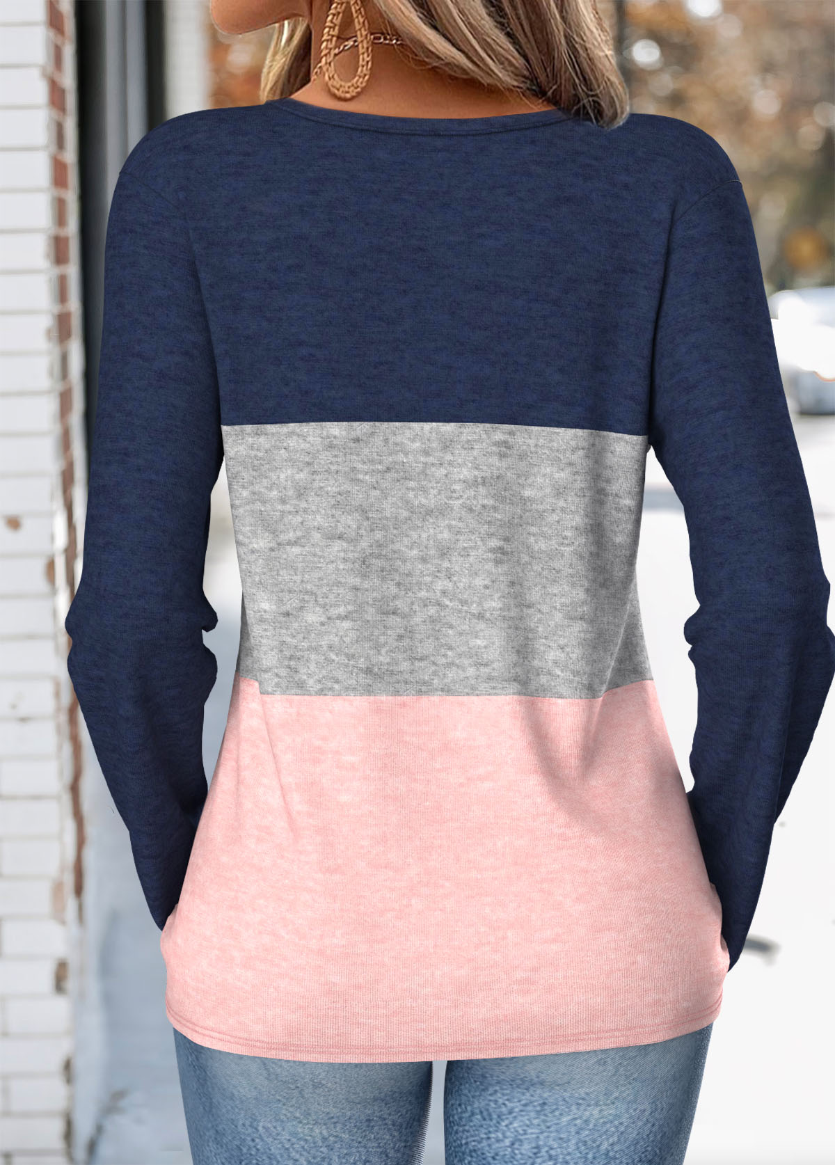 Button Multi Color Long Sleeve Split Neck T Shirt