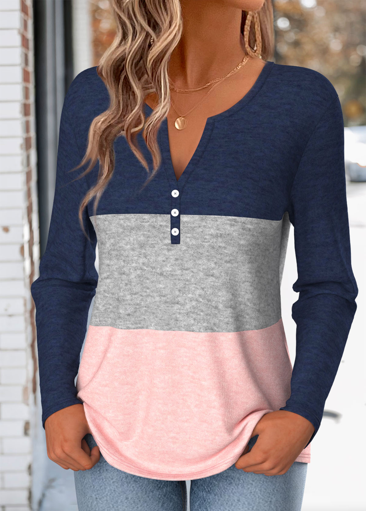 Button Multi Color Long Sleeve Split Neck T Shirt