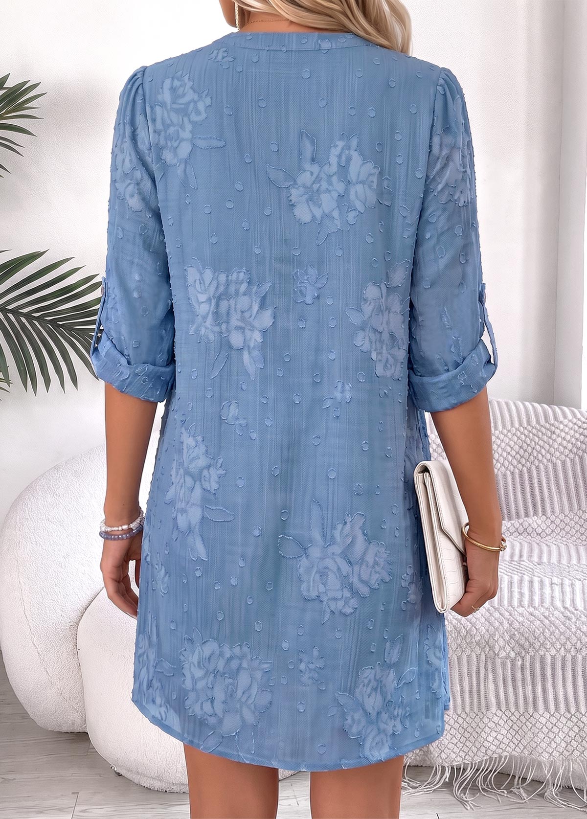Tummy Coverage Blue Short Long Sleeve Split Neck Dress