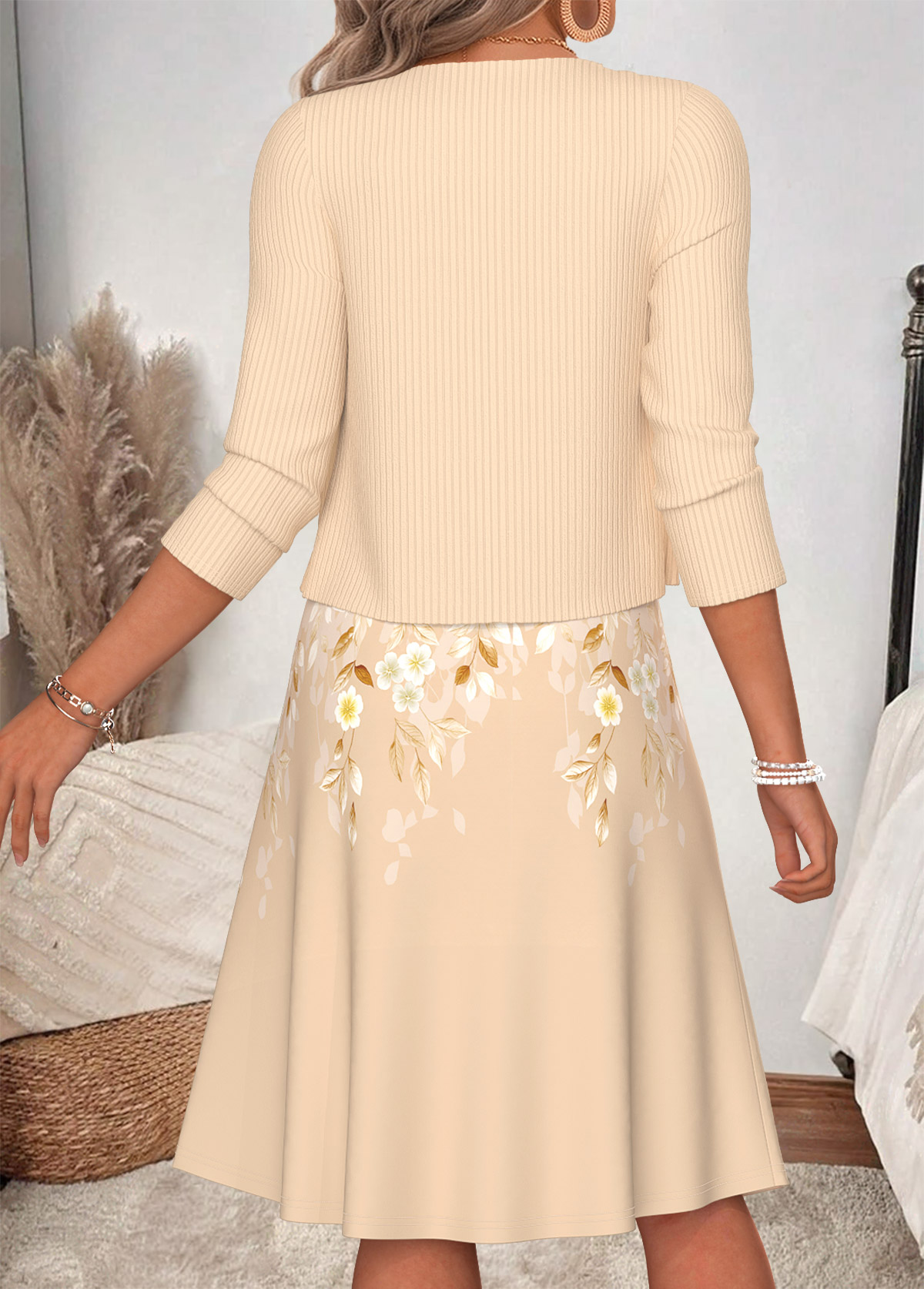 Floral Print Two-piece Beige Long Sleeve Dress and Cardigan