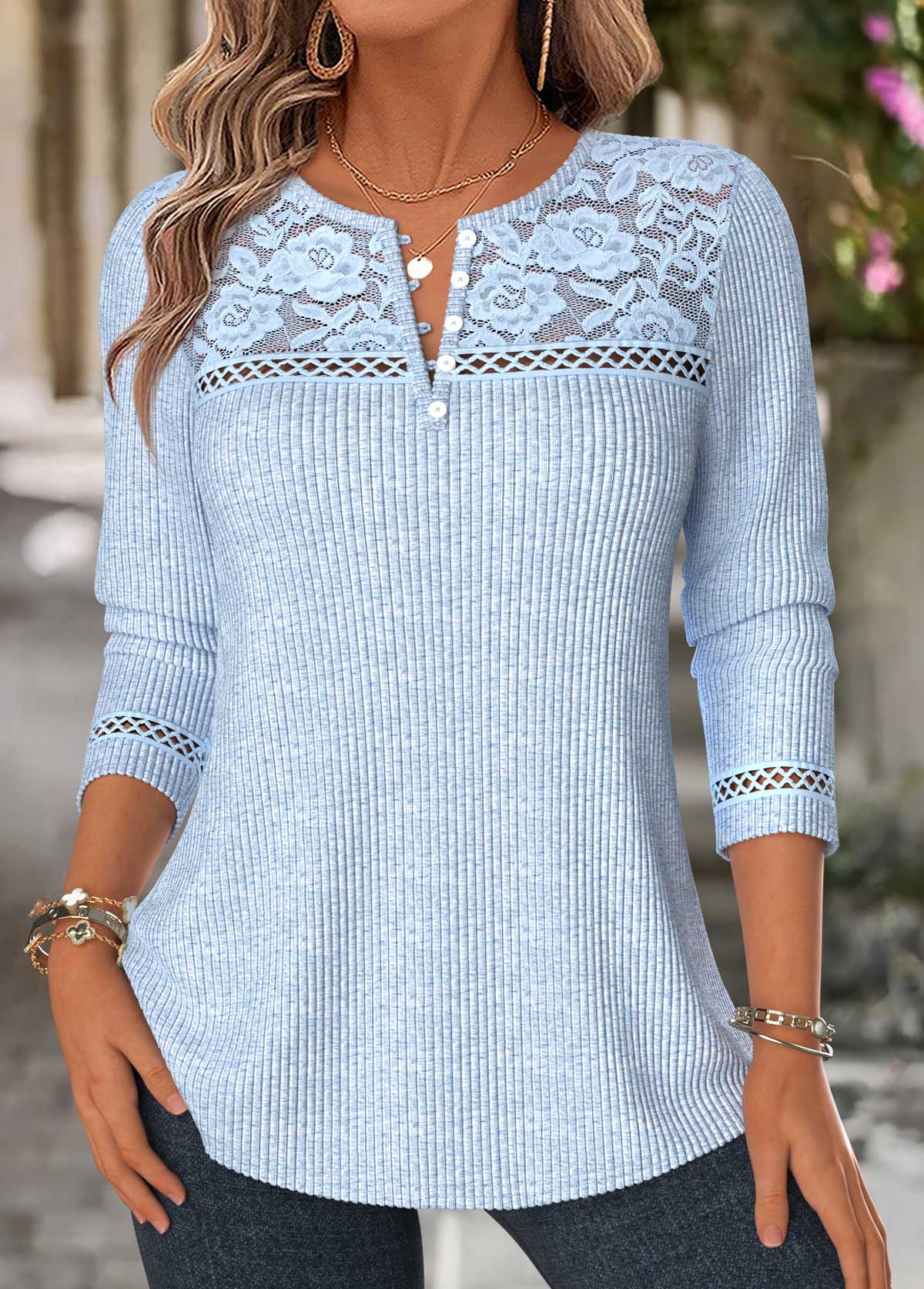 Patchwork Blue Long Sleeve Split Neck T Shirt