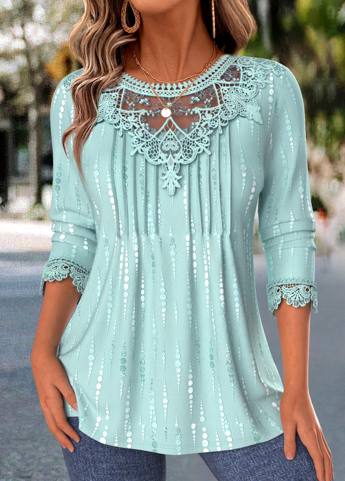 Polka Dot Tuck Stitch Cyan Long Sleeve T Shirt