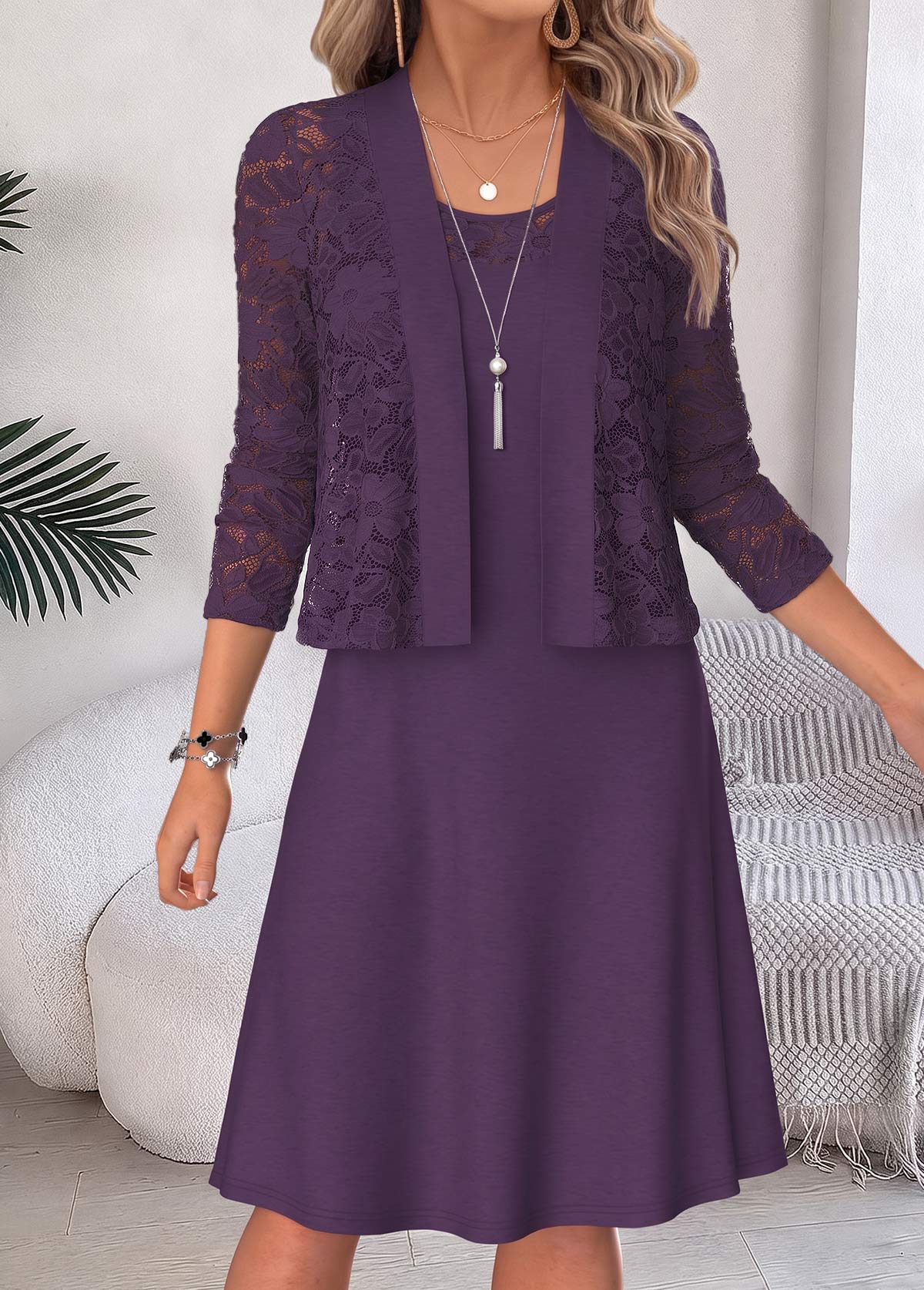 Two-piece Purple Half Sleeve Round Neck Dress and Cardigan