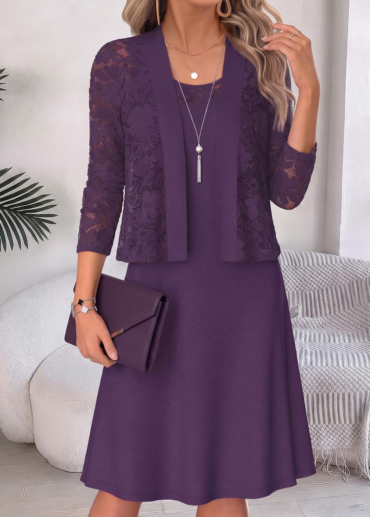 Two-piece Purple Half Sleeve Round Neck Dress and Cardigan
