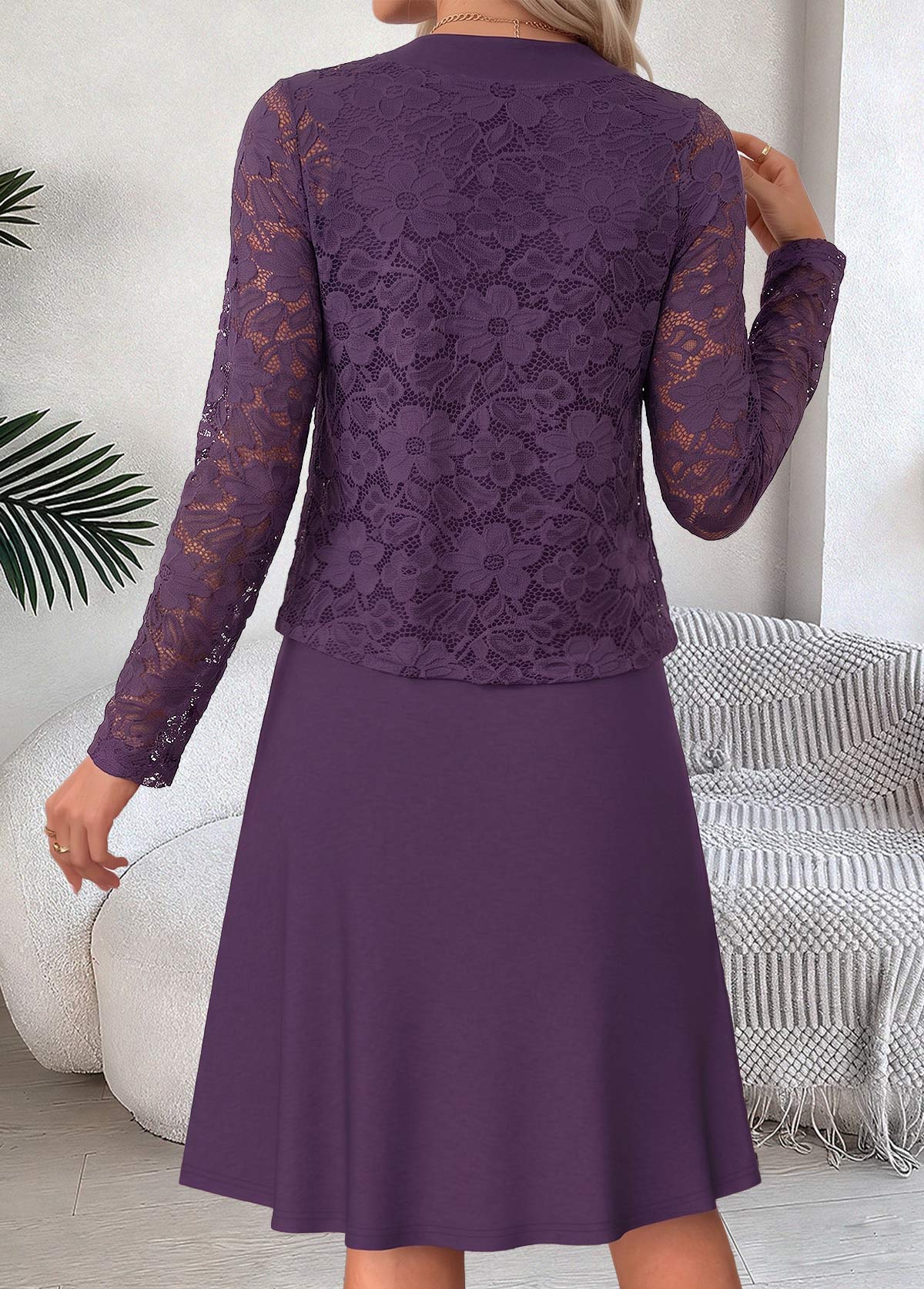 Two-piece Purple Half Sleeve Round Neck Dress and Cardigan