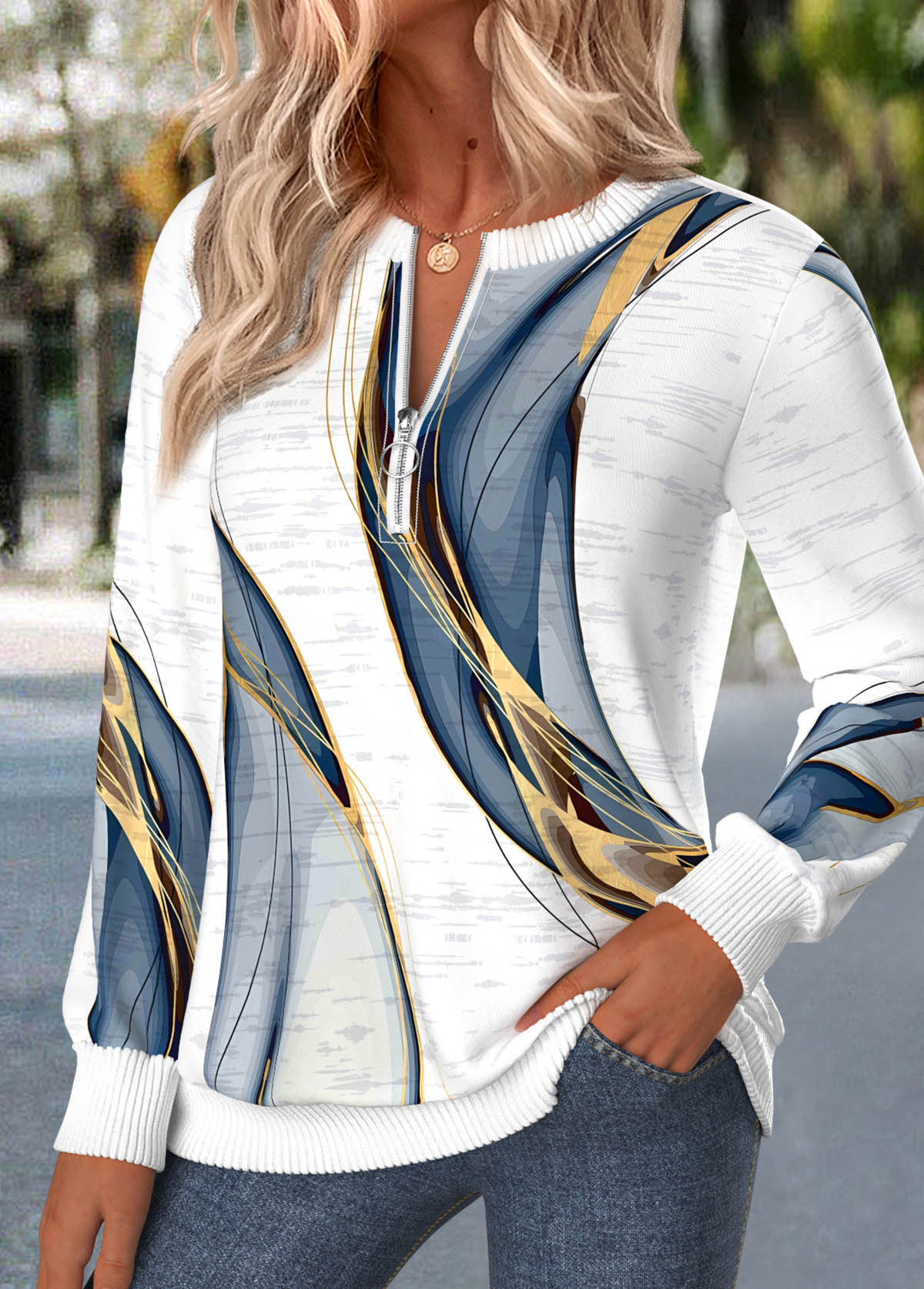 Geometric Print Zipper White Long Sleeve Round Neck Sweatshirt
