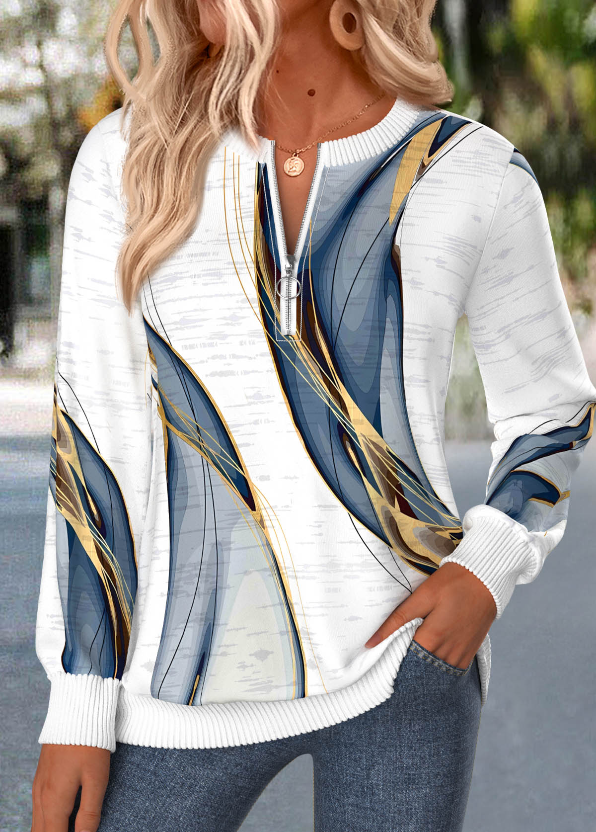 Geometric Print Zipper White Long Sleeve Round Neck Sweatshirt