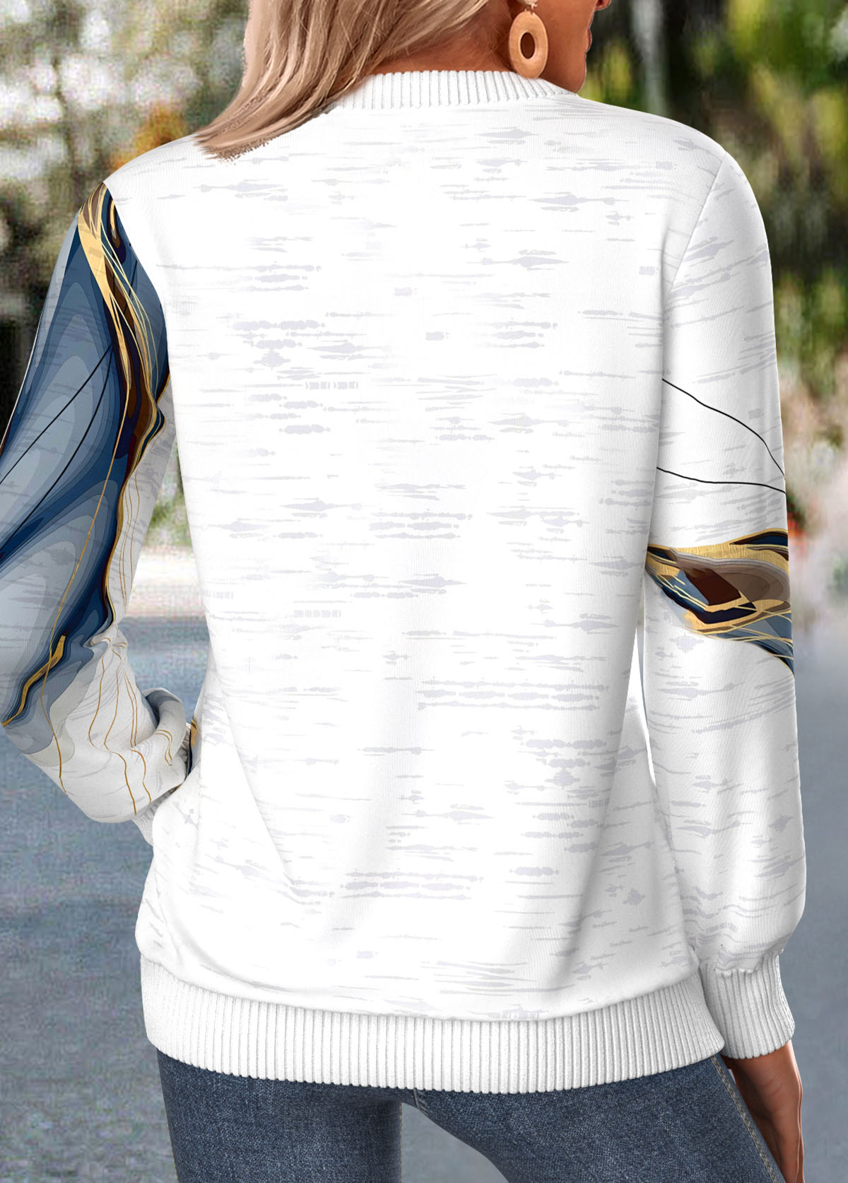 Geometric Print Zipper White Long Sleeve Round Neck Sweatshirt