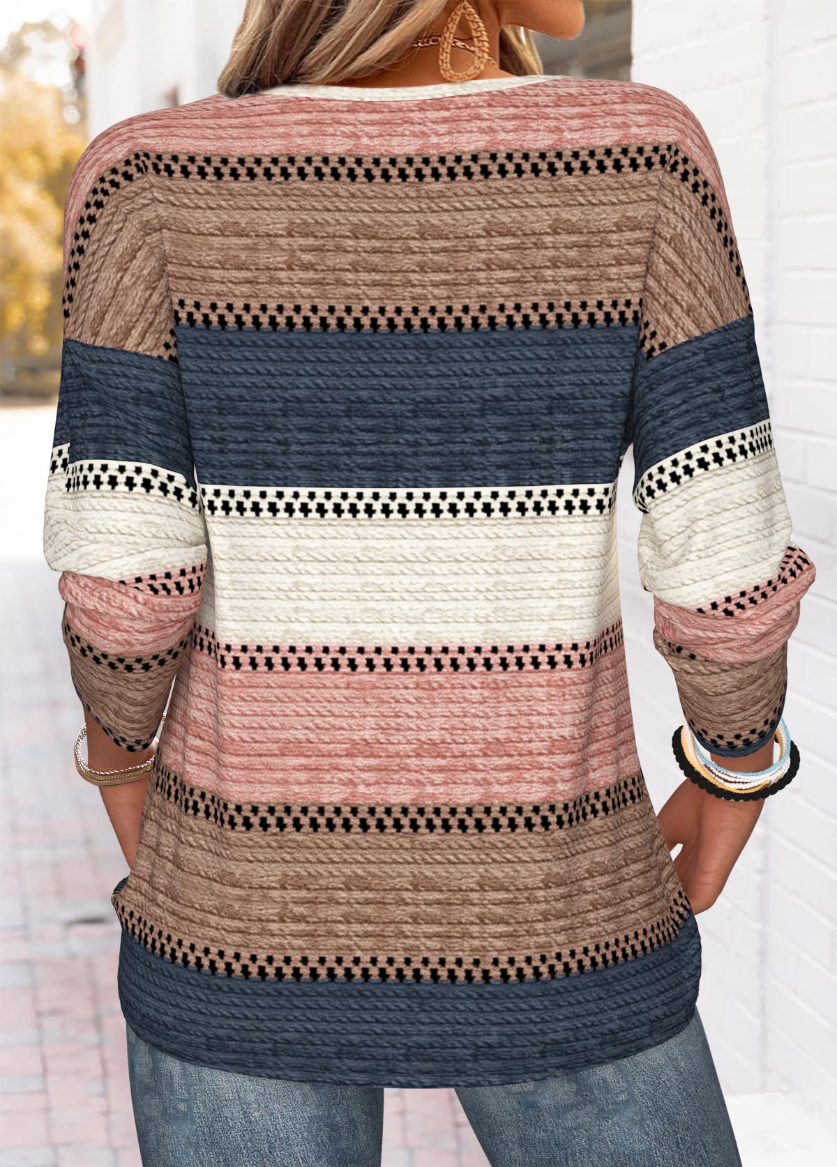 Striped Beaded Multi Color Long Sleeve T Shirt