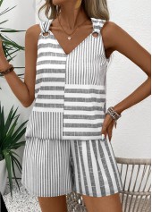 Striped Grey Sleeveless V Neck Tank Top and Shorts
