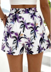 Plants Print Purple Elastic Waist High Waisted Shorts