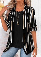 Geometric Print Black 3/4 Sleeve Fake Two Piece Twinset