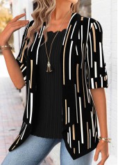 Geometric Print Black 3/4 Sleeve Fake Two Piece Twinset