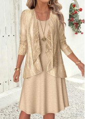 Geometric Print Two-piece Gray Brown Dress and Cardigan