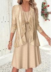 Geometric Print Two-piece Gray Brown Dress and Cardigan