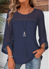 Patchwork Navy 3/4 Sleeve Round Neck Blouse