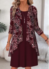 Paisley Print Two-piece Wine Red Dress and Cardigan