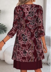 Paisley Print Two-piece Wine Red Dress and Cardigan
