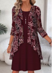 Paisley Print Two-piece Wine Red Dress and Cardigan