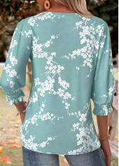 Floral Print Smocked Green 3/4 Sleeve Round Neck Blouse