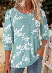 Floral Print Smocked Green 3/4 Sleeve Round Neck Blouse