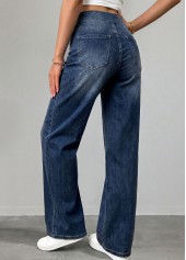 Denim Blue Straight Leg Elastic Waist High Waisted Jeans