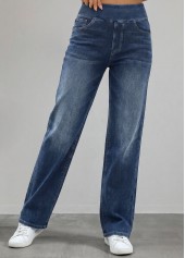 Denim Blue Straight Leg Elastic Waist High Waisted Jeans