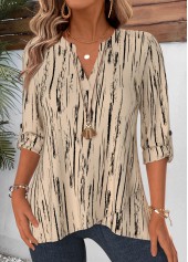 Geometric Print Layered Light Camel Long Sleeve Blouse
