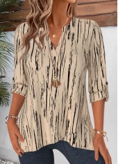 Geometric Print Layered Light Camel Long Sleeve Blouse