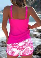 Mid Waisted Leaf Print Patchwork Hot Pink Tankini Set