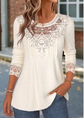 Patchwork Beige Long Sleeve Round Neck T Shirt