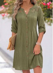 Patchwork Olive Green Short Long Sleeve Split Neck Dress