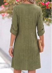 Patchwork Olive Green Short Long Sleeve Split Neck Dress
