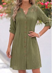 Patchwork Olive Green Short Long Sleeve Split Neck Dress