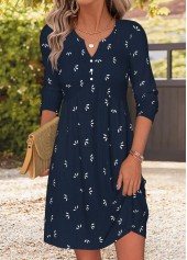 Tribal Print Patchwork Navy Short Long Sleeve Dress