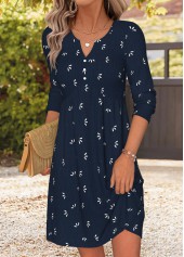 Tribal Print Patchwork Navy Short Long Sleeve Dress