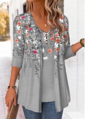 Floral Print Light Grey Marl Fake Two Piece Twinset