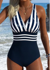 Striped Navy Cross One Piece Swimwear