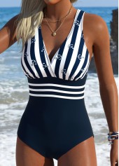 Striped Navy Cross One Piece Swimwear