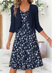 Floral Print Tummy Coverage Navy Short Dress and Cardigan