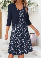 Floral Print Tummy Coverage Navy Short Dress and Cardigan