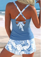 Mid Waisted Leaf Print Surplice Dusty Blue Tankini Set