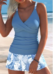 Mid Waisted Leaf Print Surplice Dusty Blue Tankini Set