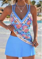 Mid Waisted Floral Print Fake 2in1 Tankini Set