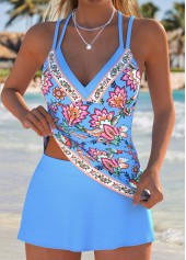 Mid Waisted Floral Print Fake 2in1 Tankini Set